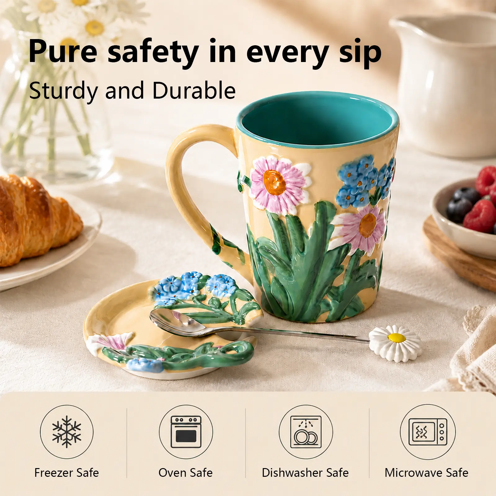 VESELLWISH ceramics Travel Mugs Set- 19oz - Nature-Inspired Handmade Designs - Hand-drawn pattern-Coffee cup-Microwave & Dishwasher Safe, Perfect for On-the-Go Coffee Lovers-Couple's Water Bottles – Gifts for Women – Birthday Gifts