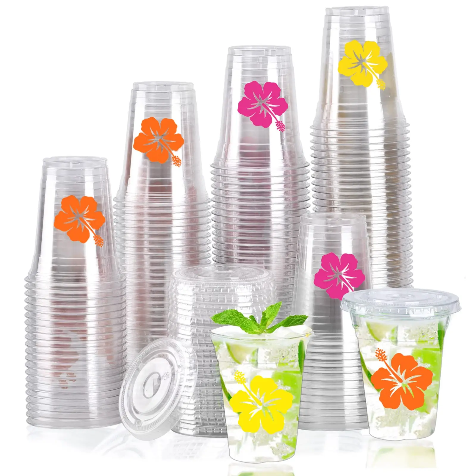 150-Pack Flower Print Disposable 12oz Plastic Cups with Lids, Ideal for Hibiscus Hawaiian Luau, Beach Event, Birthday Party Supplies