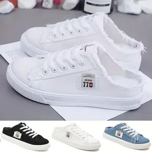 Women's solid color canvas shoes, round toe slippers, fully matched lace up breathable slip on shoes, women's shoes [lightweight design]