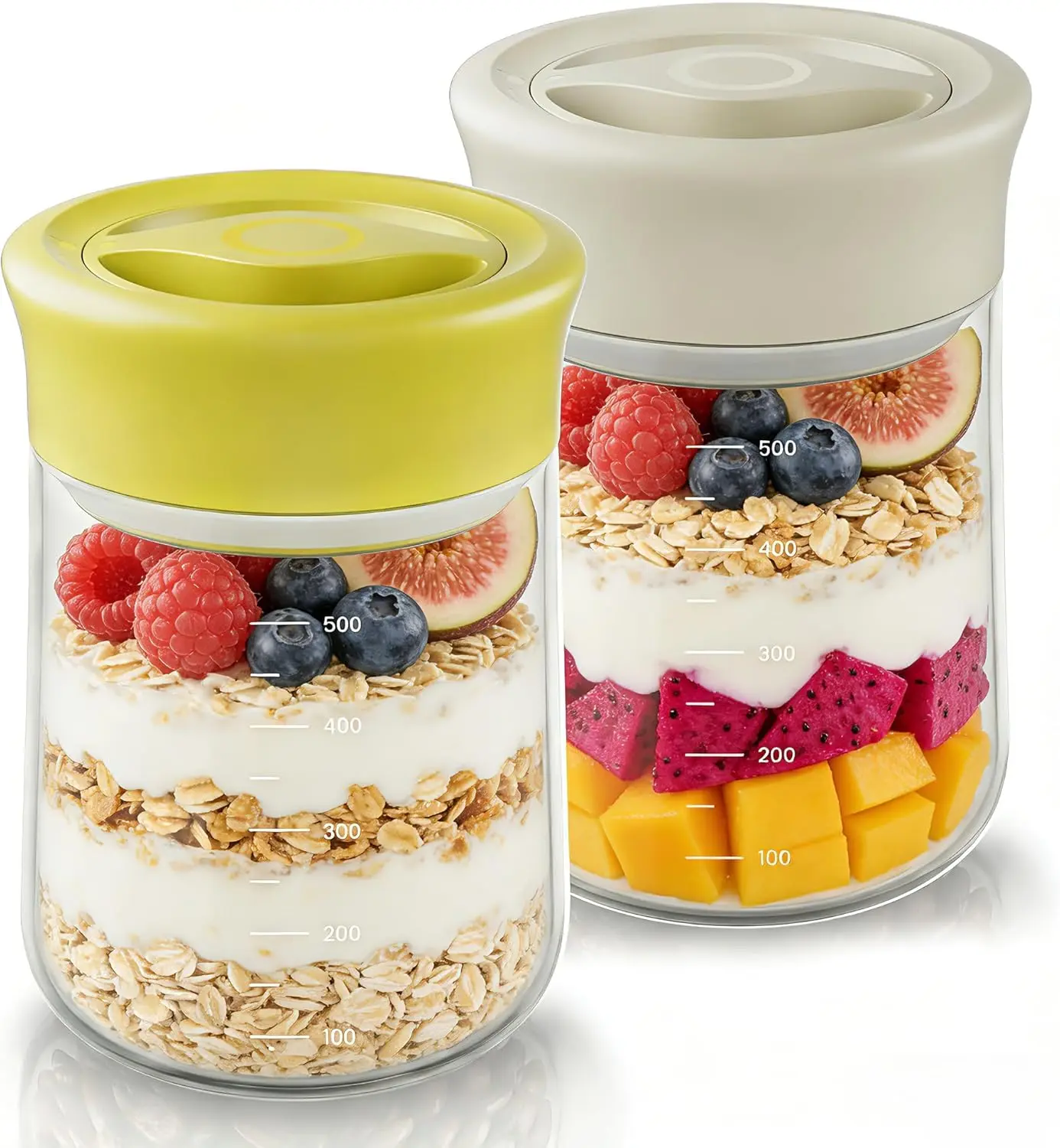 17oz Wide Mouth Tempered Glass Overnight Oats Jars (2Pcs, Yellow & White) - Airtight BPA-Free Lids, Crystal-Clear, Dishwasher Safe, Easy to Clean Kitchen Preserving Container campingessentials
