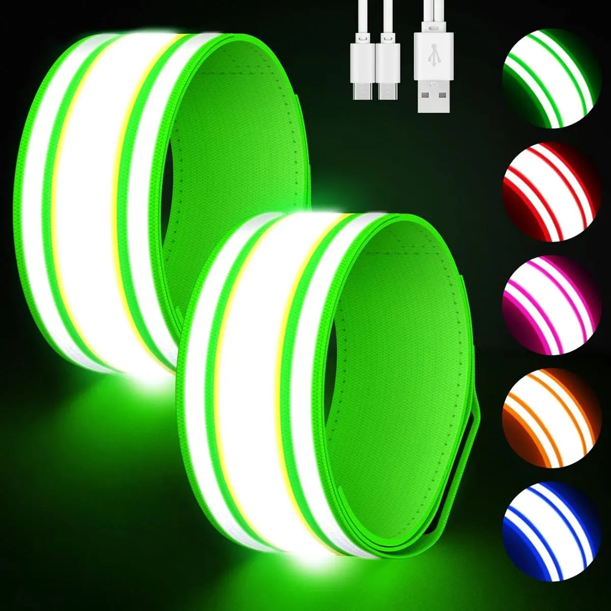 2-Pack LED Running Armbands, USB Rechargeable Nylon Fabric Gear with 5 Colors, 3 Modes, Lightweight Secure Adjustable Skin-Friendly Bands, USB Port for Night Running, Biking, Luminous, Night Sports, Running/Bike, Hook Loop, Arm/Ankle, Durable