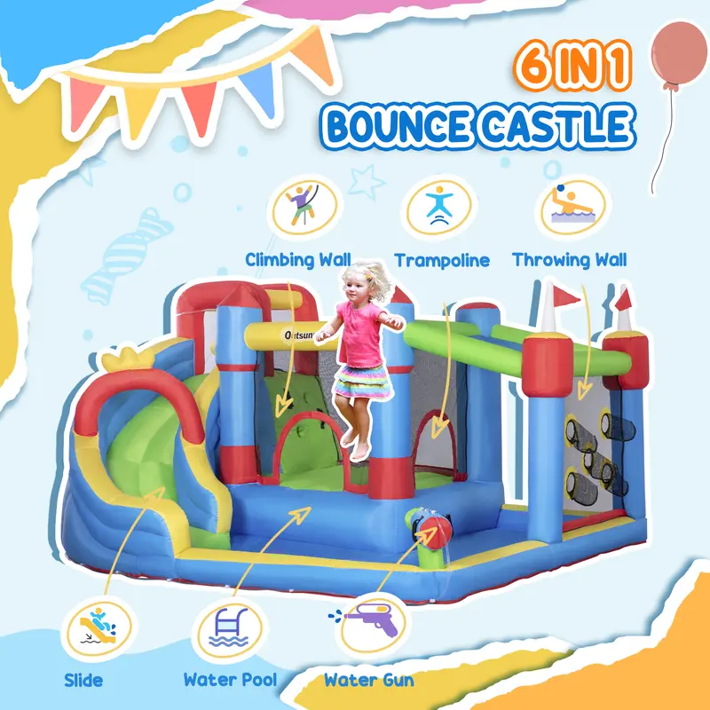 #tiktokshopbacktoschool Outsunny 5/6/8-in-1 Summervibes Inflatable Water Slide Kids Bounce House with Splash Pool Climbing Wall Air Pump Water Cannon Slide Trampoline Multifunction Durable Outdoor Backyard Fun #tiktokshopbacktoschool Outsunny 5/6/8-in-1 Summervibes Inflatable Water Slide Kids Bounce House with Splash Pool Climbing Wall Air Pump Water Cannon Slide Trampoline Multifunction Durable Outdoor Backyard Fun