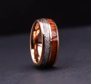 Rose Gold Tungsten Ring With Meteorite And Wood 8mm