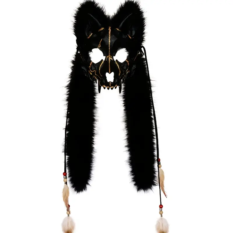 Black Viking-Inspired Face Mask with Golden Accents, Feather Tassels, Tribal Design, Detailed Craftsmanship – Halloween Costume Accessory, Party Accessory, Accessories