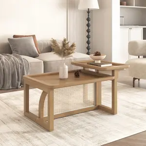 [SOIYELIFE] Modern 2 Piece Nesting Rattan Wood+ MDF Coffee Table Set in Natural Fine furniture