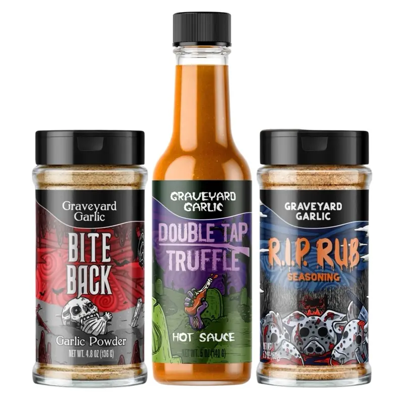 Graveyard Garlic Trilogy of Terror Multipack: R.I.P. Rub Seasoning, Double Tap Truffle Garlic Hot Sauce, Bite Back Garlic Powder, Flavor Spices