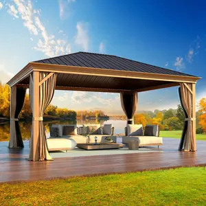 12'x16' Wood-Look Hardtop Gazebo with Aluminum Frame & Galvanized Steel Roof, Weather-Resistant Design & Includes Curtains/Netting for Patio, Deck, Backyard