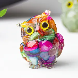 Smart guardian owl handmade resin crystal ornament| Natural lucky stone inlaid wealth-bringing home decor| Christmas birthday gift for friends| Creative feng shui office desk decoration suitable for halloween/christmas, wealth attraction, stylish home acc