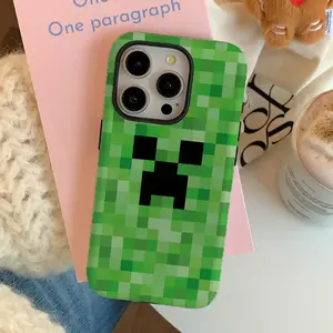Green Pixel Monster Cartoon Phone Case for IPHONE 16 15PRO MAX 14 13 12 11 PRO Samsung Galaxy S24 Ultra Case,  Dual-Layer Protection