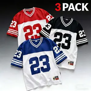 Men’s 3-pack color-block jersey T-shirts, size 23, mesh short sleeves, American football jersey-style loose fit. Perfect for everyday sports and various activities—fashionable and versatile, a top choice for summer outfits.