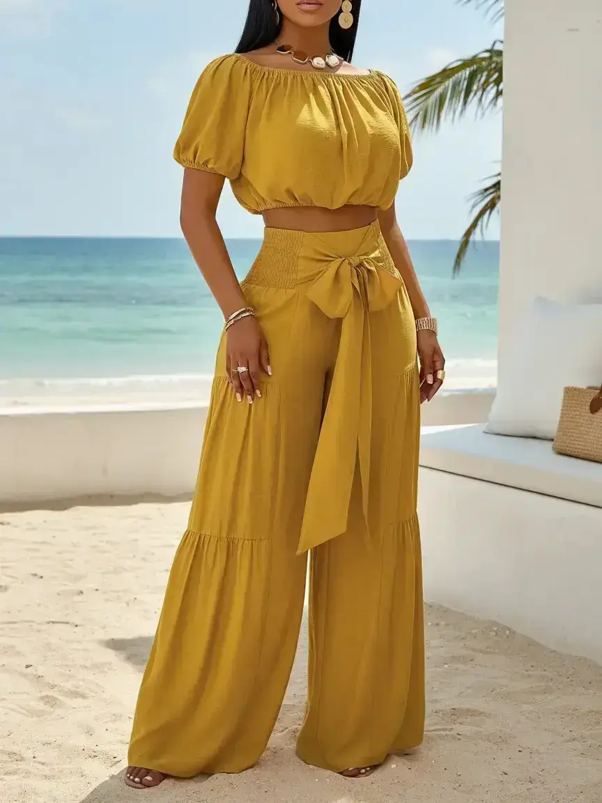 Summer Goddess Two-Piece Set Coordinated Set, Fashion Pants Set, Off-Shoulder Short Top   High Waist Wide Leg Elegant Fitted Slimming Chic Beach Vacation Outfit, Womenswear, Long Lasting, Travel Friendly, Trendy Outfits