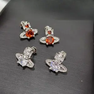 High-end socialite jewelry Planet Saturn High quality full zircon earrings Women's gold plated mini fashion design couple earrings men's