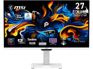 MSI 27 inch UHD 4K 120Hz Adaptive Sync 0.03ms HDR400 USB-C Tandem OLED Built-in Speakers White Gaming Computer Monitor with Height Adjustable, Swivel, Pivot & Tilt Stand  PRO MAX 271UPXW12G