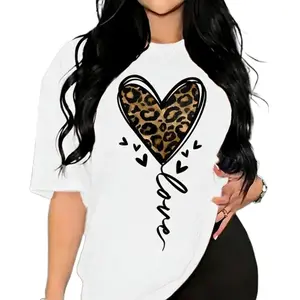 Women's Leopard Heart Print Crewneck T-Shirt |   Loose Casual Summer Fashion Tee Love Tshirt Top Womenswear