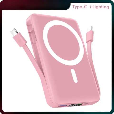 Podoru Silicone Magnetic Mobile Power Bank, 5000-10000mAh, 15W MagSafe Wireless, 20W USB-C PD Fast Charging, Built-in Lightning & USB-C Cables, LED Screen, 186g Travel Light, EDC Gear, for iOS iPhone 17/16/15/14/13/12, Back to School Accessory