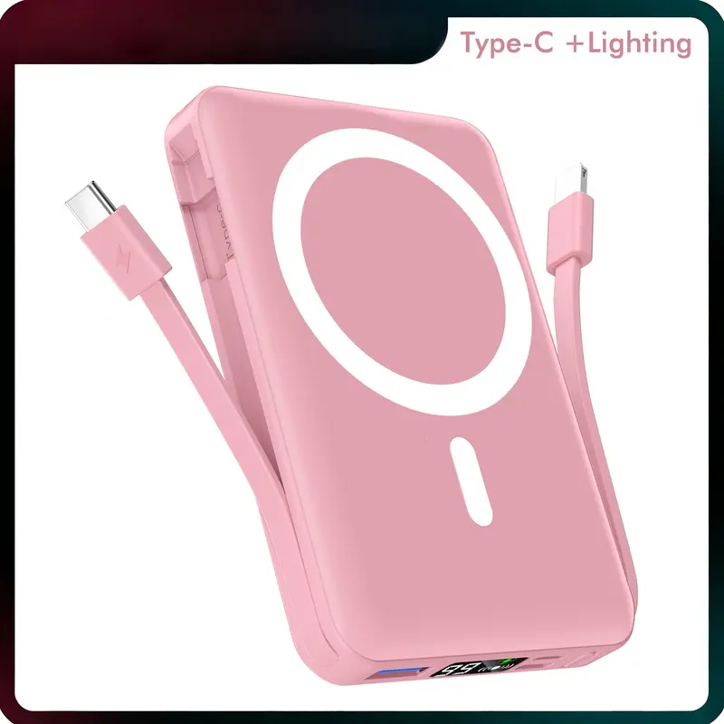 Podoru Silicone Magnetic Mobile Power Bank, 5000-10000mAh, 15W MagSafe Wireless, 20W USB-C PD Fast Charging, Built-in Lightning & USB-C Cables, LED Screen, 186g Travel Light, EDC Gear, for iOS iPhone 17/16/15/14/13/12, Back to School Accessory