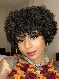 Short Afro Kinky Curly Human Hair Wigs with Bangs, Brazilian Pixie Cut Wig for Women, Machine Made Natural Daily Wear Wig