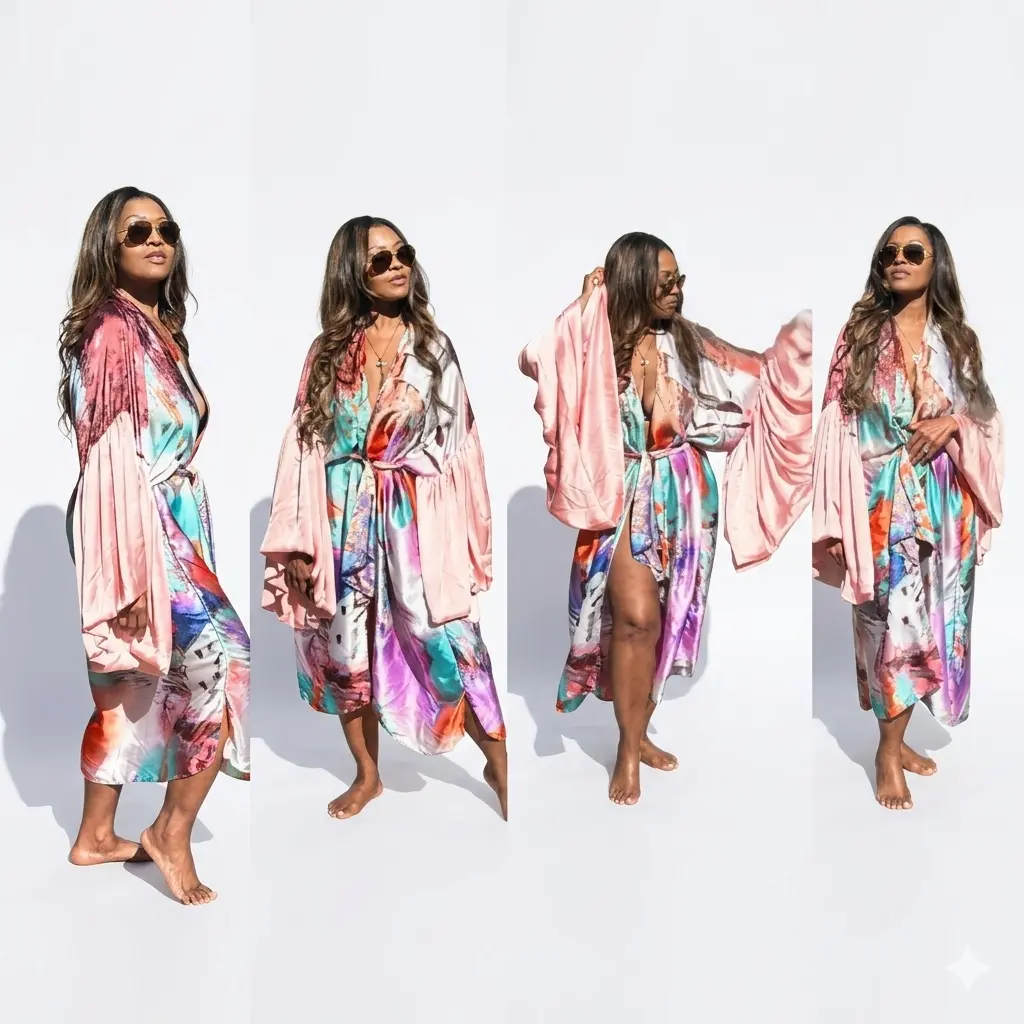 Women's Fiji Satin Kimono Cover-Up - 1 Size, Long Sleeve, Satin Fabric, Luxe Flowing Open Front, Scarf Included, Blush Pink/Aqua, Statement Look