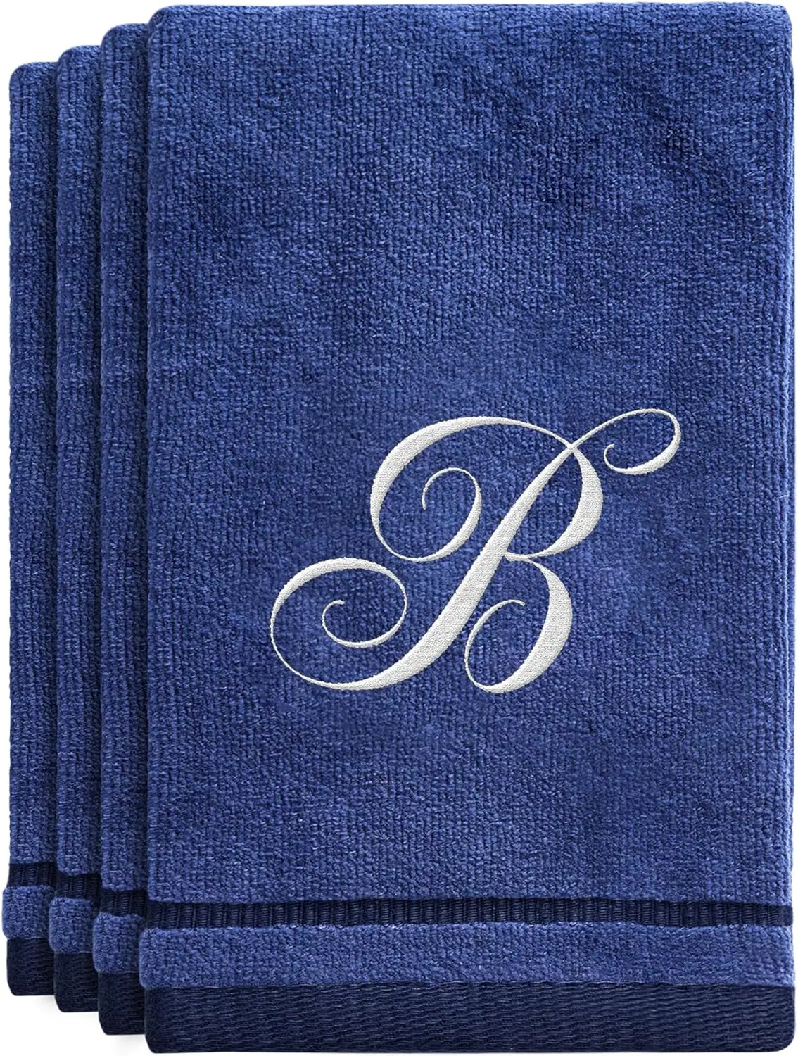 Navy Blue Initial Embroidery Monogrammed Cotton Towels - 4-Pack Super Absorbent 11" x 18" Bathroom/Gym Fingertip Towels with Soft Velour Finish, Personalized Family Gifts, Set Pack
