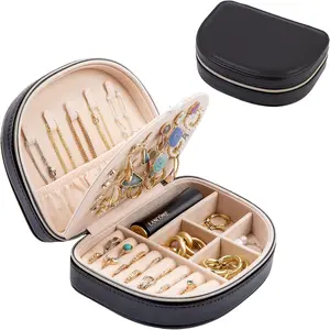 Travel size jewelry box, small portable seashell-shaped jewelry case, 2 layer Mini jewelry organizer in PU leather for women-black