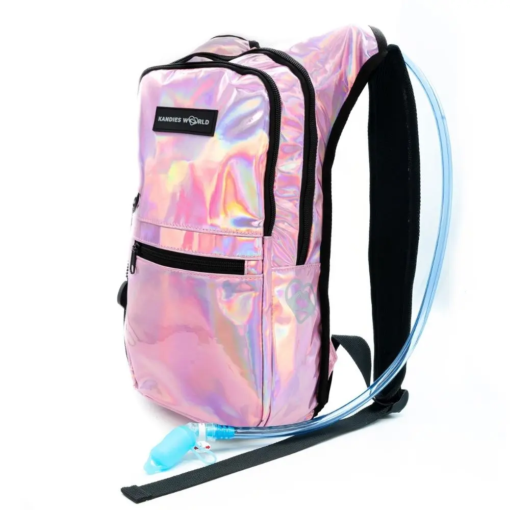 Women's Hydration Backpack - Holographic Pink Futuristic Rave Festival Bag, 2L Water Bladder, Lightweight, Water-Resistant, Compact, Mesh-Paneled, 9x14x3 inches, Secure Zip, Cycling Sports Outdoor Hydration Pack