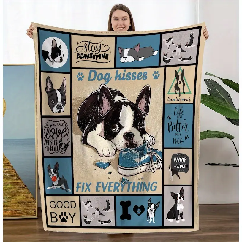 Cozy Boston Terrier Blanket - Reversible Dog Lover Gift, All-Season Pet Throw With Fun Illustrations & Positive Messages, Machine Washable Flannel For Dog Moms & Boston Terrier Enthusiasts, Dog Blanket