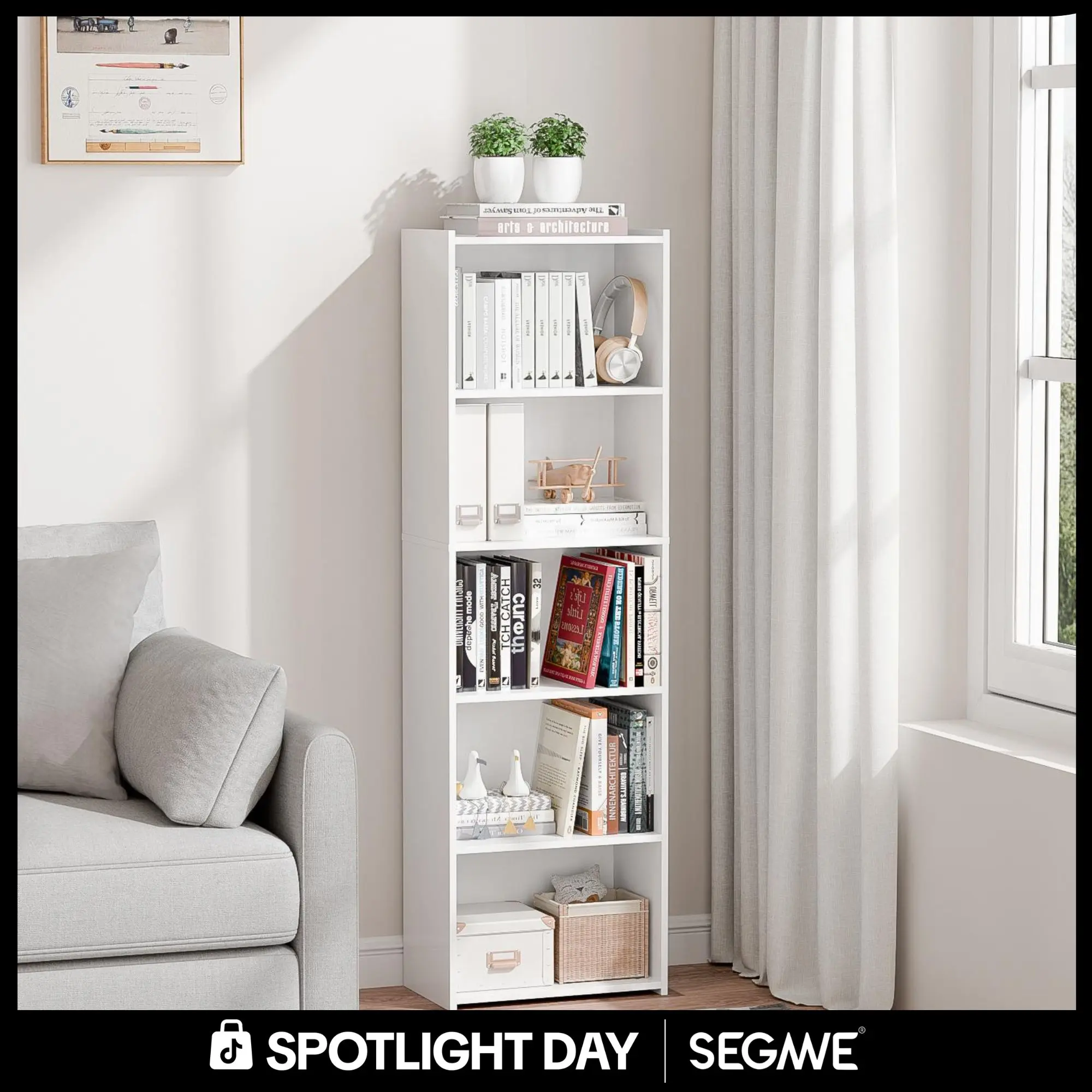 Segawe Modern Aesthetic 5-Tier Narrow Indoor Bookshelf - Home Furniture, Home Storage Organizer, House Decor Room Accessories Shelves (15.8"x9.5"x52"),summerwins