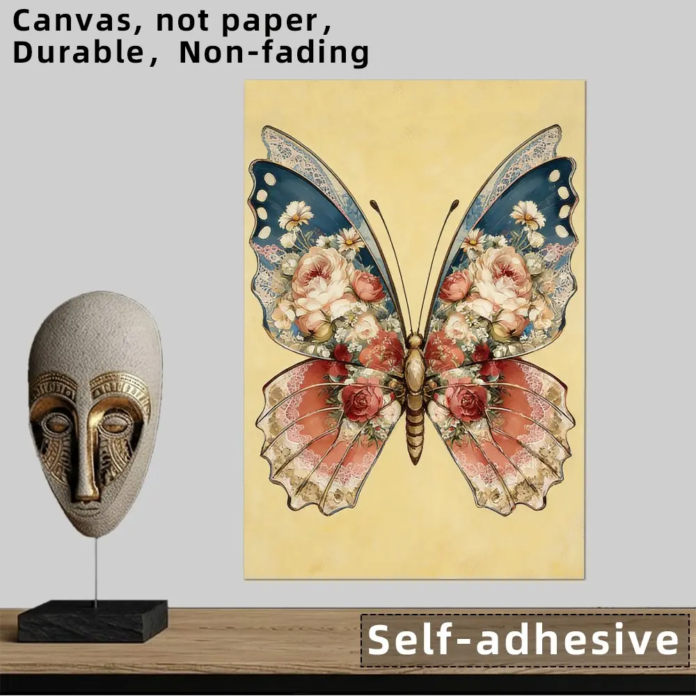 Vintage Floral Butterfly Self-Adhesive Wall Sticker, Modern Canvas Poster, Removable Wallpaper for Home Decor, Bathroom, Classroom, Cafe, Holiday Decoration