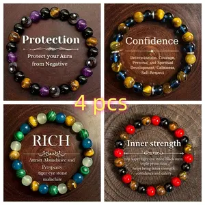 Four-piece natural stone bracelet set, suitable for both men and women, attracts wealth and good luck - jewelry gift, fashion accessory, comfortable to wear, durable structure, solid and hypoallergenic for outdoor fun
