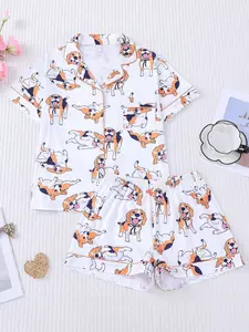 2pcs Cute Beagle Print Pajama Set - Playful Pet Lover Short-Sleeve Pjs (Notch Collar + Chest Pocket + Elastic Waist) - Soft Adult Loungewear/Sleepwear for Dog Moms, Lounging & Cozy Nights In Pyjamas Womenswear