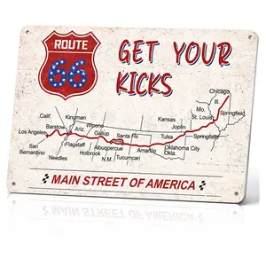 Vintage Route 66 Metal Aluminum Sign - "Main Street of America" Get Your Kicks Highway Map Signs, Retro Wall Decor for Garage Man Cave Car Room Bar Aluminum Sign 12x8 Inch