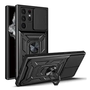 Luxury Case For Samsung Galaxy S26 Ultra S25 S24 S23 S22 Ultra Plus A36 A35 A16 A15 Phone Case with Slide Camera Cover & Rotated Ring Kickstand Military Grade Shockproof with Magnetic Car Mount Holder Cover, Black