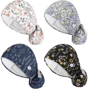 4 Pcs Lined Scrub Caps Nurse Surgical Hat with Buttons Bouffant Hats Working Cap Ponytail Tie Back