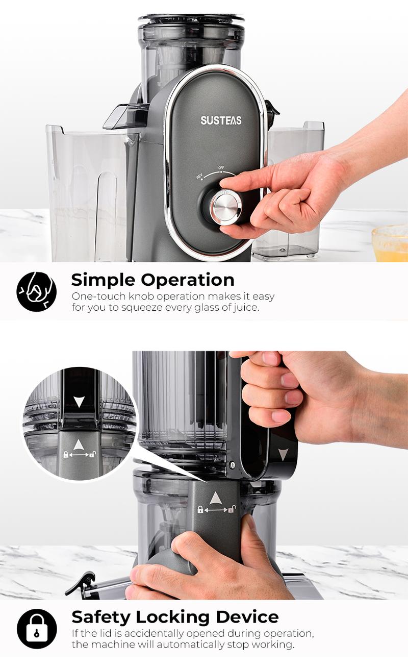 SUSTEAS Juicer Machine Cold Press Juicer 5.3 Inch Large Feed Opening Slow Masticating Machine High Yield Easy to Clean Whole Fruit Juicing