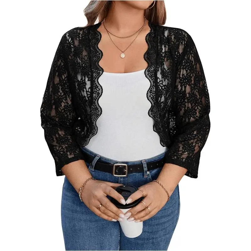 Women's Plus Floral Lace 3/4 Sleeve Bolero Shrugs Sheer Open Front Cardigan Blazer Womenswear Coats Elegance Feminine