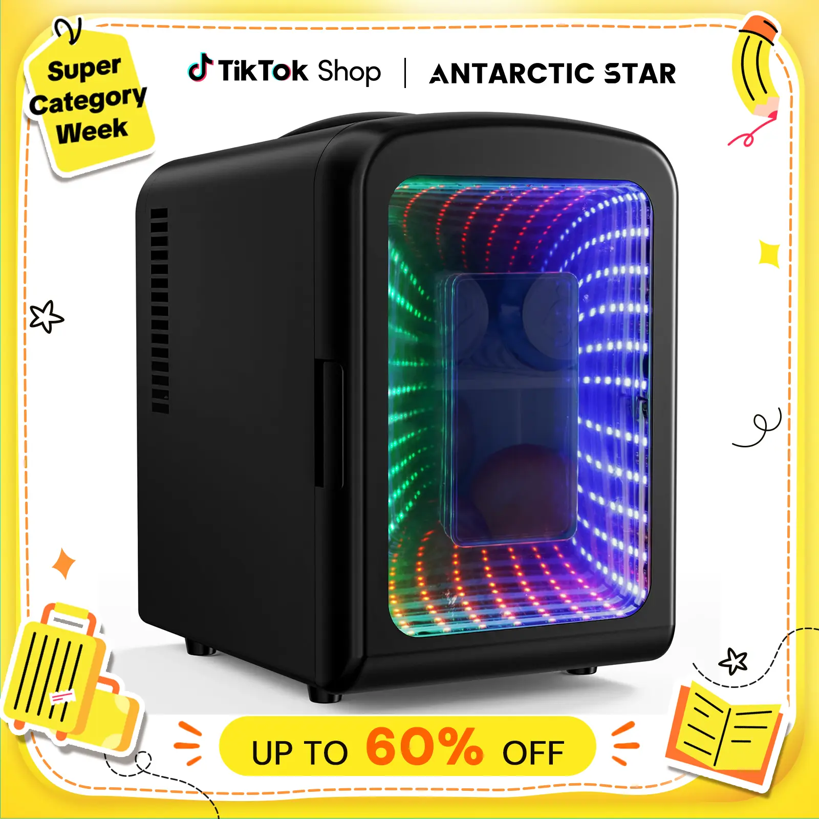 【BackToSchool】Antarctic Star 4L Mini Compact Refrigerator with Gaming Light: 6-Can Portable Cooler for Bedroom, Car, Office, Dorm - Cosmetics, Beverage & Food Storage Note: internal temp varies with ambient temp. tiktokshopbacktoschool