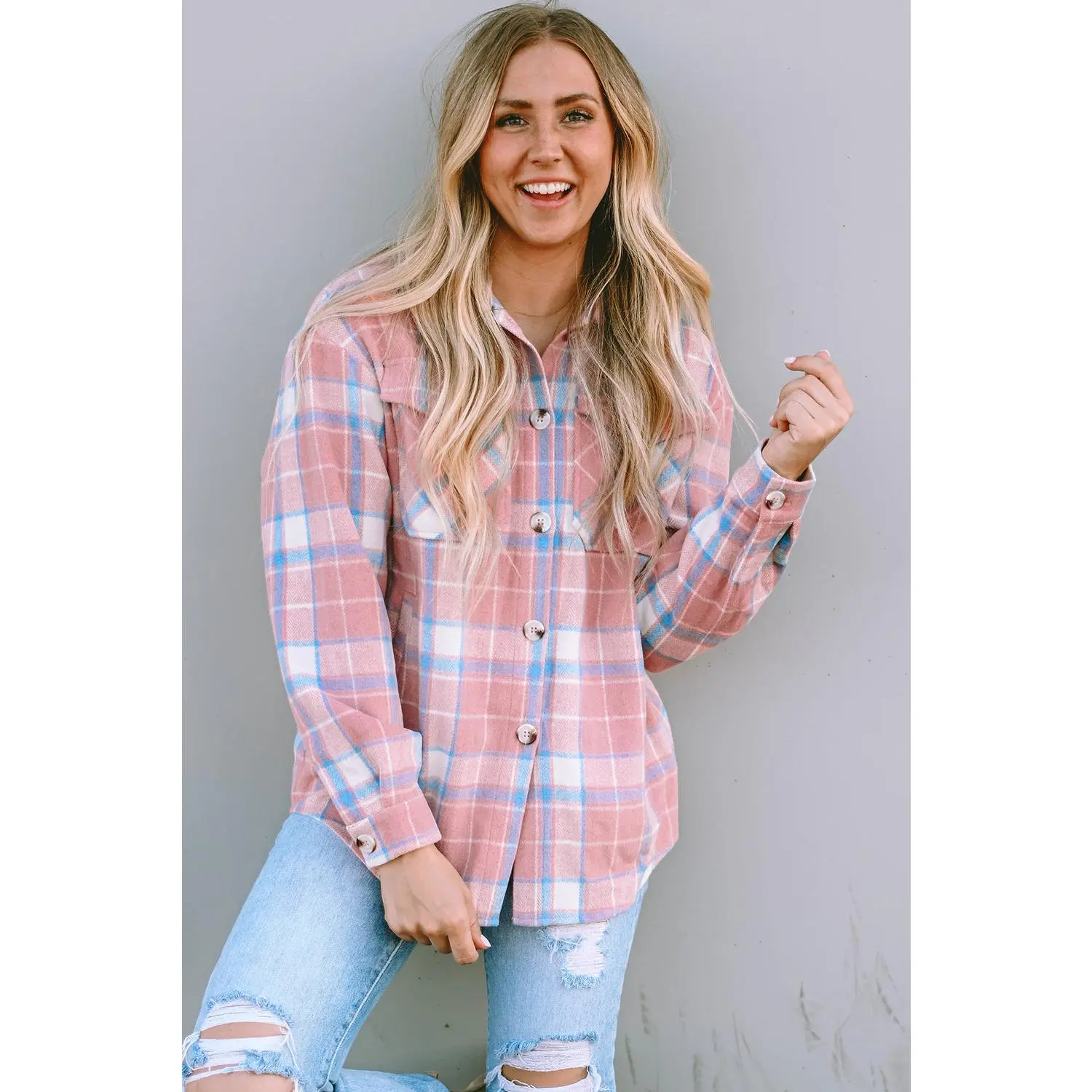 Pink Plaid Flap Pocket Flannel Shacket