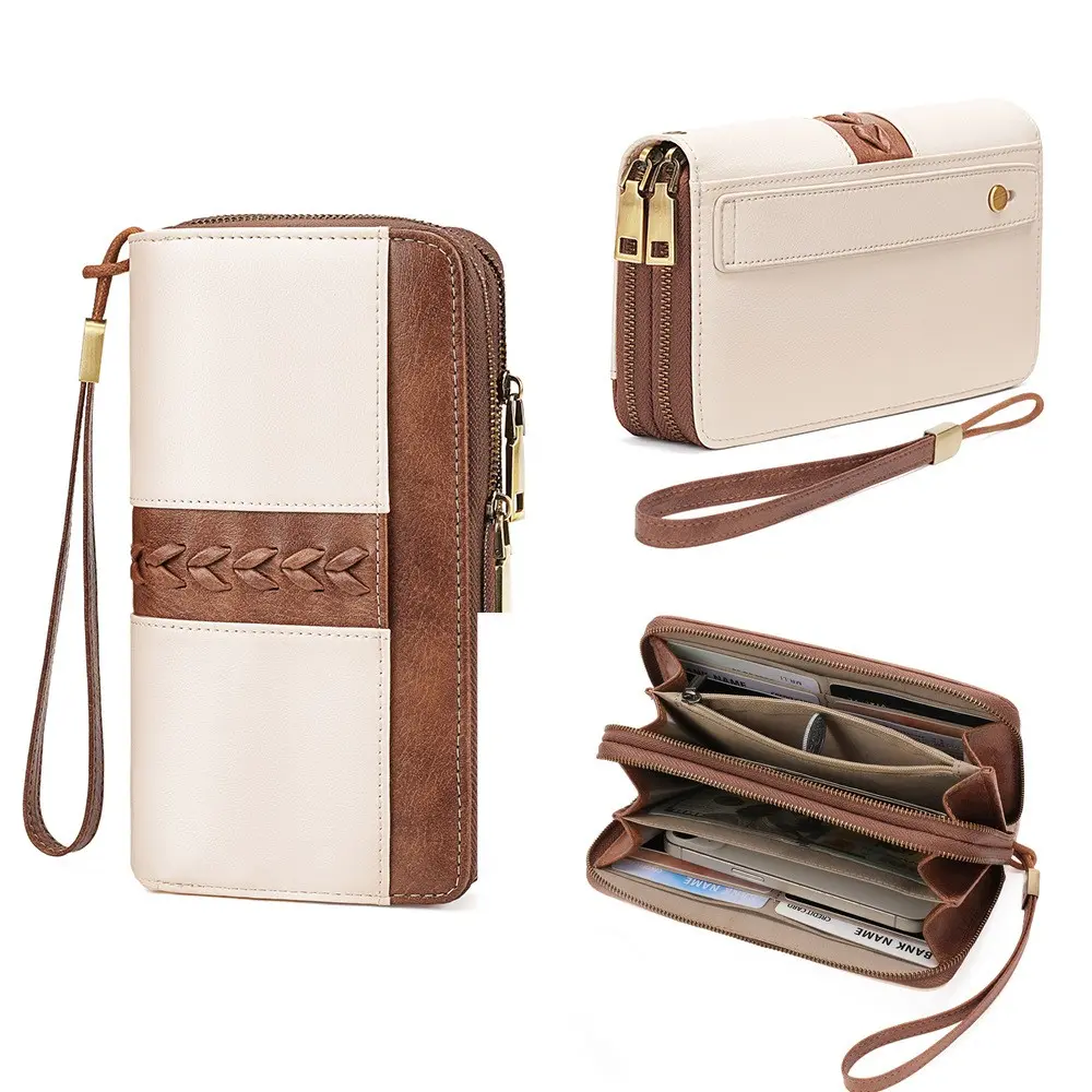1pc Color Block Braided Accent Dual Zipper Long Wallet, Vintage Large Capacity Wristlet Clutch with RFID Blocking, Multi-compartment Storage, Durable PU Leather, Unisex Practical Bag for Daily Commute Business Travel