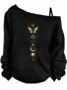 Women's Asymmetrical Long Sleeve T-Shirt, Casual Spring & Fall Wear, Printed Butterfly Pattern Top, Versatile Four-Season