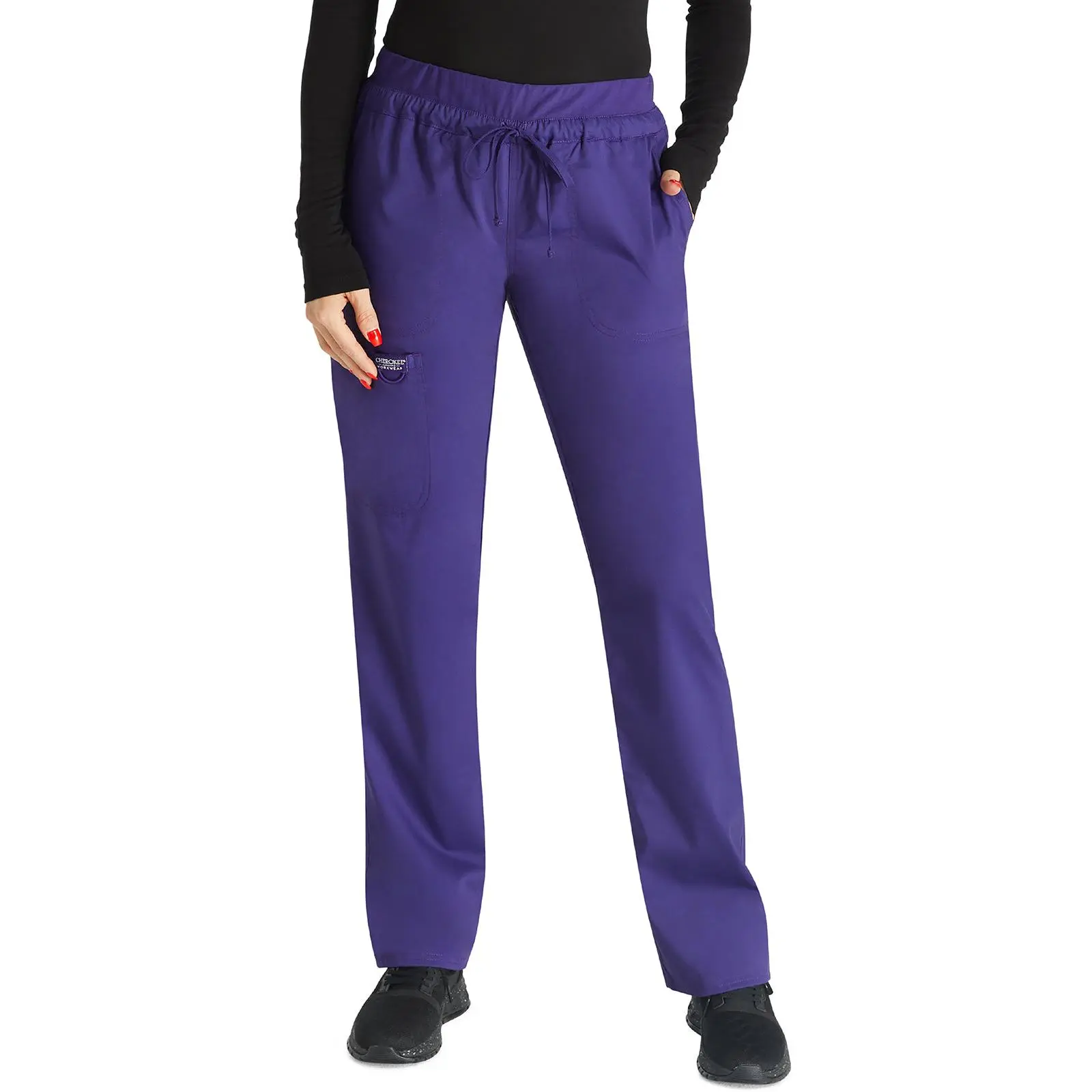Cherokee Workwear Revolution Mid Waist Cargo Scrub Pants - Drawstring Elastic Waist, Front Angled Pockets, Imported Pocket Design