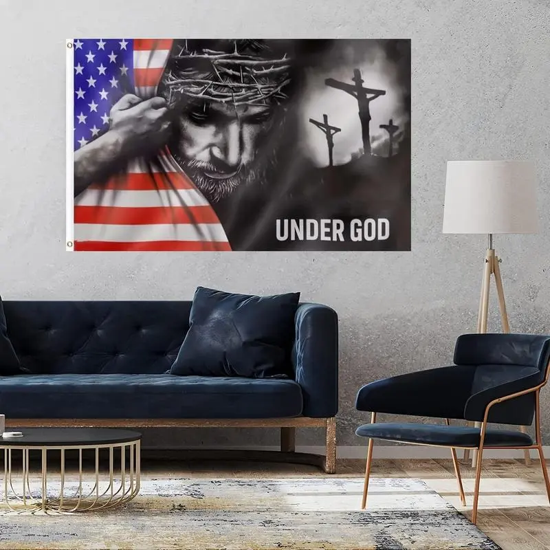 Under God Pattern Flag, American Flag with Grommets for Room Decor, Outdoor Decorative Flag for Home Party Festival, Banners Hanging Ornaments
