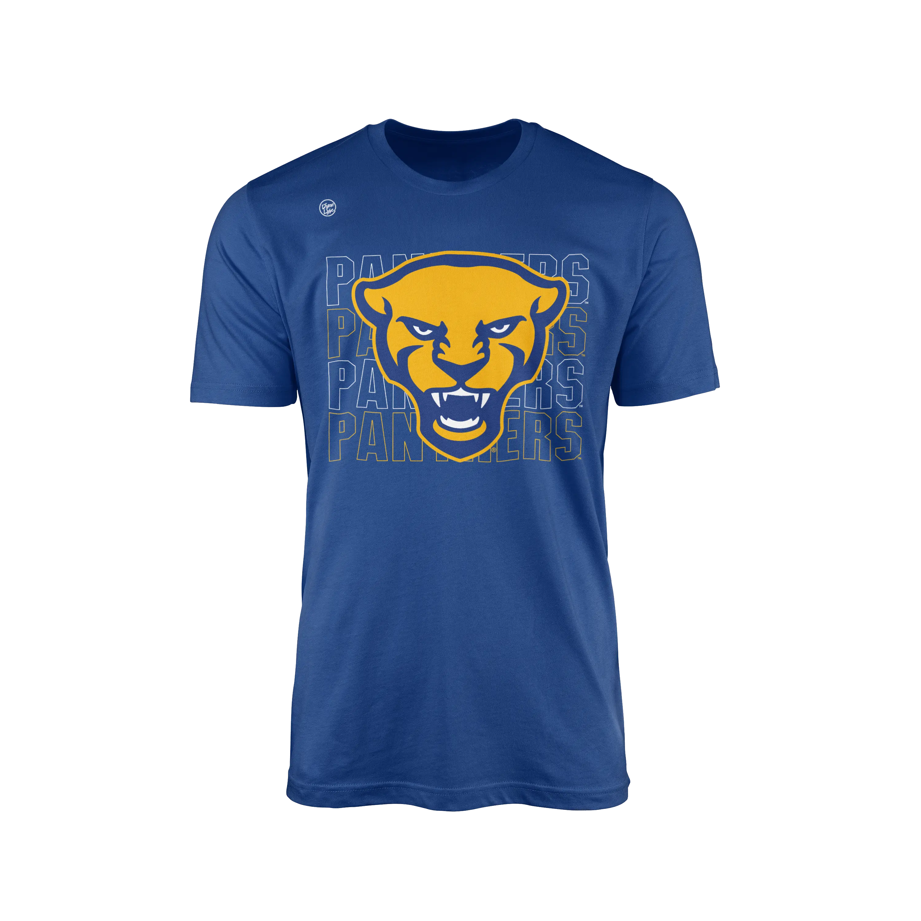 Pittsburgh Panthers Men’s Officially Licensed Crew Neck Short-Sleeve Cotton Jersey Stacked T-Shirt, Dyme Lyfe Menswear Graphic Top with Panthers Logo