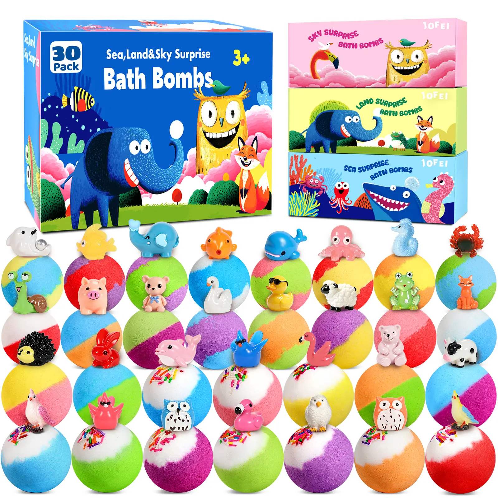 Jofei 30 Pack Bath Bombs for Kids with Toys Inside, Kids Bath Bombs Gift Set with 30 Sea & Land & Sky Animal Surprise Toy, Child-Safe Natural Bubble Bath Toys, Birthday Gifts for Kids Boys Girls