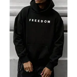 Men's Casual Hoodie With FREEDOM Print, Polyester Pullover Sweatshirt, Kangaroo Pocket, Daily & Outdoor Wear, Autumn Winter Gift, Menswear Set unisex trendy sweatshirt gift