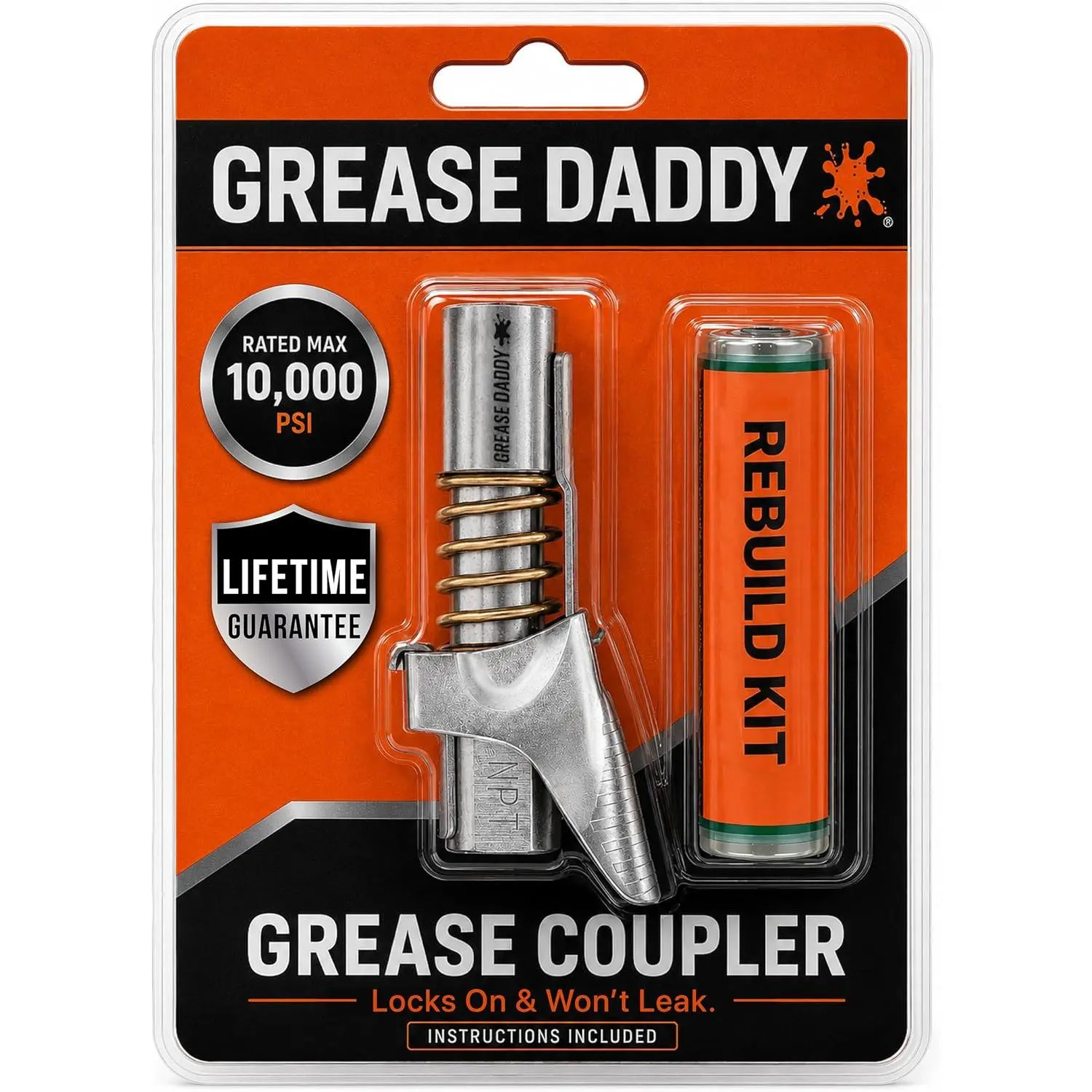 Steel Jaws Grease Gun Coupler - 10,000 PSI, 1/8” NPT, Locks On Zerk Fittings, Leak-Proof, Easy Pressure Release, Includes Rebuild Kit, Fits All Grease Guns (Automotive & Garage Repair Tool)