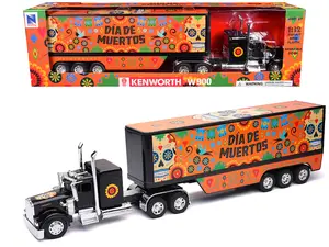 Kenworth W900 Truck Black with Graphics and Dry Van Trailer "Day of the Dead / Dia De Muertos" 1/32 Diecast Model by New Ray