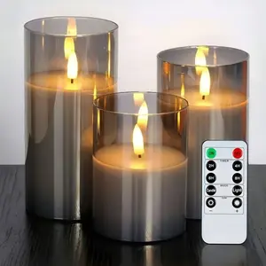 Gray Glass Flameless Led Candles Operated withTimer and 10-Key Remote, Real Wax Warm LightCandles Flickering for Wedding Festival HomeDecoration(Set of 3). candle warmer lamp floating candles candles wax melts