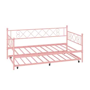 Garvee Twin Metal Daybed with Trundle, Heart-Shaped Headboard, Sturdy Steel Slat Support, Space-Saving Sofa Bed for Living Room, Bedroom, Guest Room, Easy Assembly, Pink