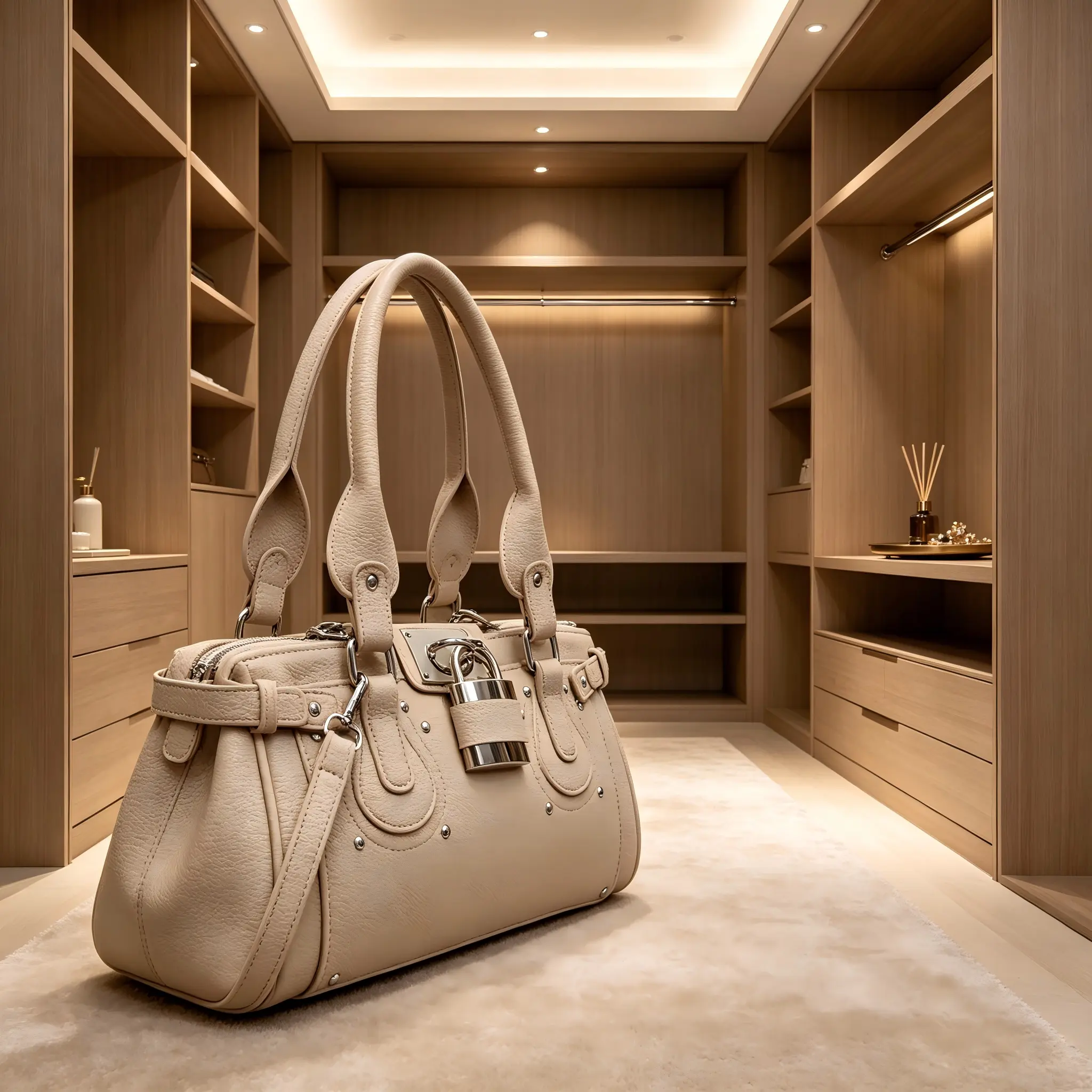 Women’s beige leather shoulder handbag, vintage lock decoration top handle bag, large-capacity crossbody satchel purse for daily commuting