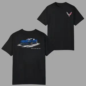 Corvette C7 Car T-shirt, Blue Sports Car Graphic 2 Sides, Front Corvette Racing Logo, Speed Art Design for Car Lovers and Enthusiasts for Men & Women, Streetwear, Vacation Outfits, 4th July Outfit